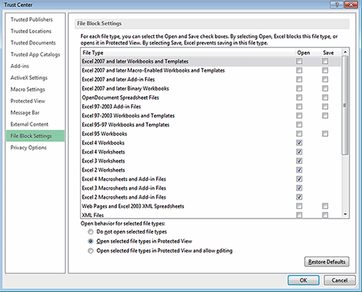 File Block settings in Excel
