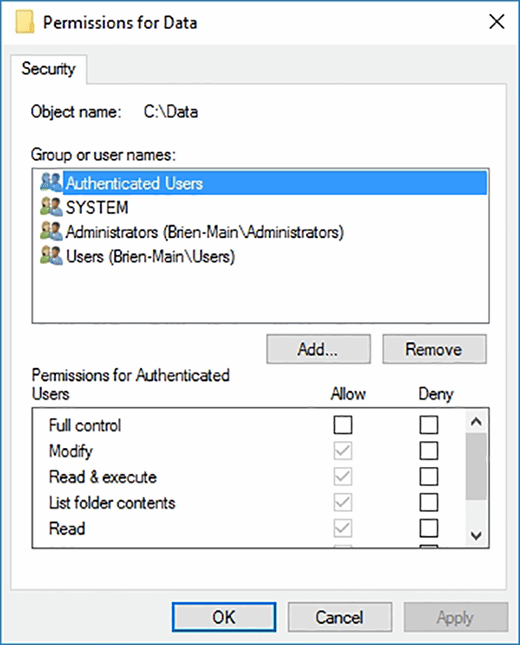 Windows User Permissions Screenshot