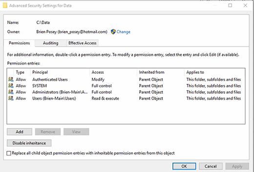 Disable Inheritance Button Screenshot