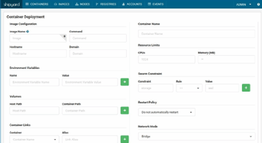 Container deployment options interface