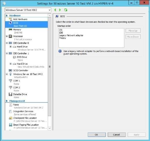 A Hyper-V Generation 1 VM's BIOS settings are limited.