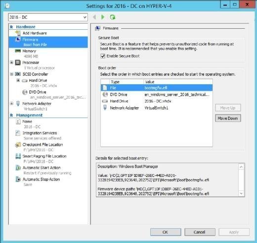 There are more BIOS settings available for a Generation 2 Hyper-V VM.