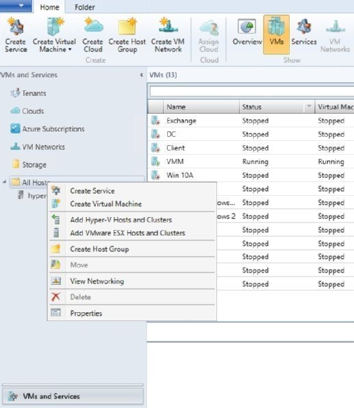 VMs and Services workspace in VMM