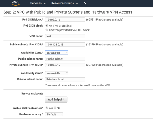 Set public and private subnets and hardware VPN access.
