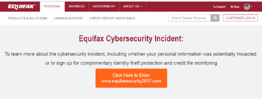 Equifax cybersecurity incident alert