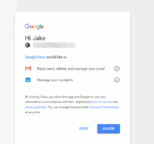 Google Docs phishing victims were fooled by this screen, which looks legitimate unless you click on 'Google Docs.'