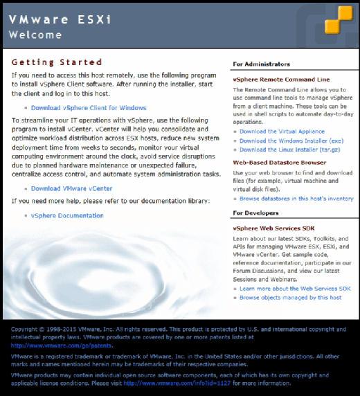 VMware vSphere welcome screen