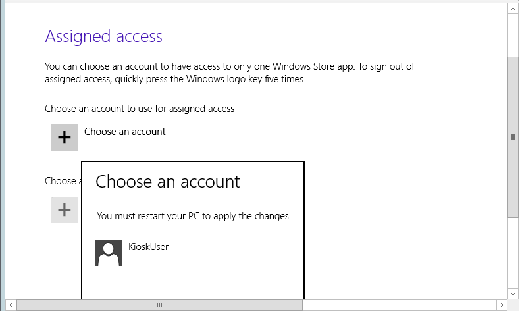 Choose an account for assigning users in Windows 8.1 Assigned Access.
