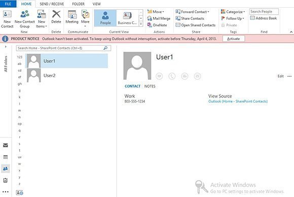Figure 2. The SharePoint 2013 contacts have been added to Outlook 2013.