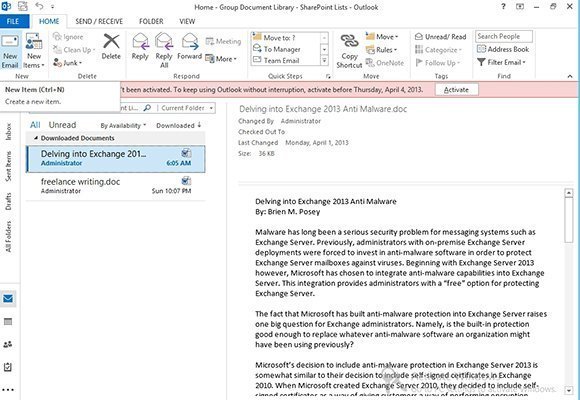 Figure 4. SharePoint documents can now be read from within Outlook 2013.