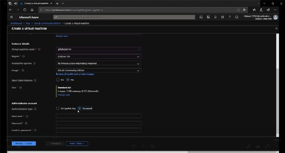 GitLab server setup shown in Microsoft Azure portal.