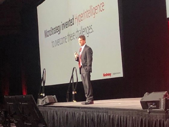 Michael Saylor, CEO of MicroStrategy, speaks during the vendor's user conference in Orlando, Fla.