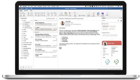 Information related to a user's email exchange is displayed on a HyperIntelligence for Office card.