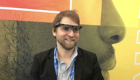 Tobii Pro UX lead Mike Bartels models his company's eye-tracking glasses at NRF 2020 Vision: Retail's Big Show.