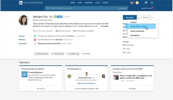 Screenshot of LinkedIn Sales Navigator's create contact features
