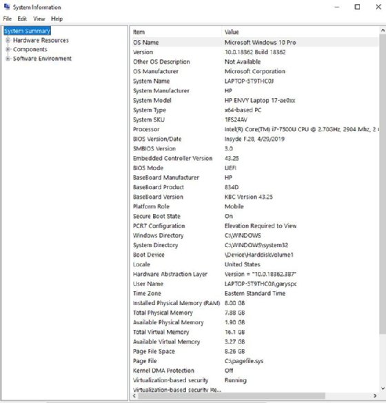 Windows 10 system information