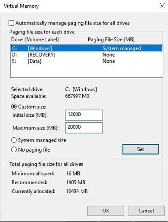 Custom Windows page file size