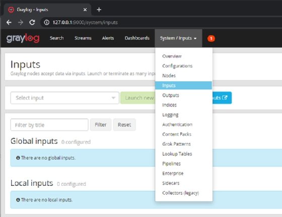 Graylog inputs screen