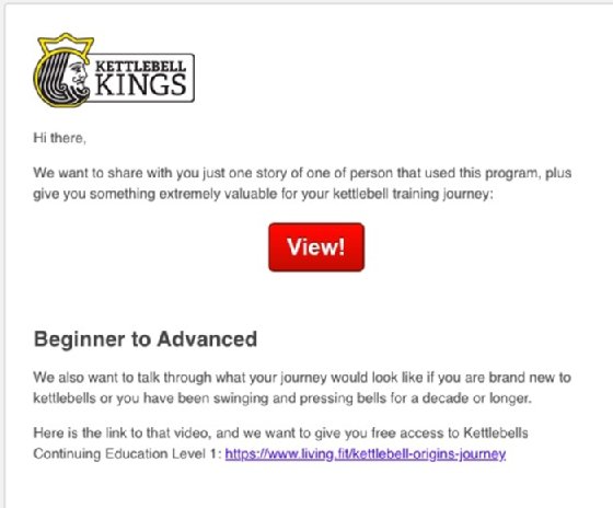 Kettlebell Kings email sent to customers