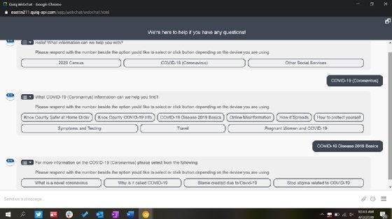SMS chatbot, coronavirus, Knoxville, Quiq
