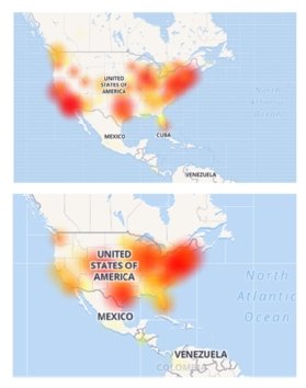 Outage maps showing where U.S. Salesforce customers reported problems on May 17 and May 20, 2019.