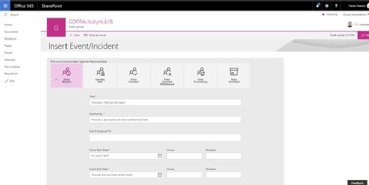 Incident or event entry page in GDPR Activity Hub