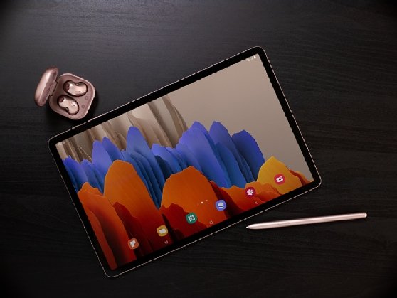 Samsung's Galaxy Tab S7 Plus, with the Galaxy Buds Live.