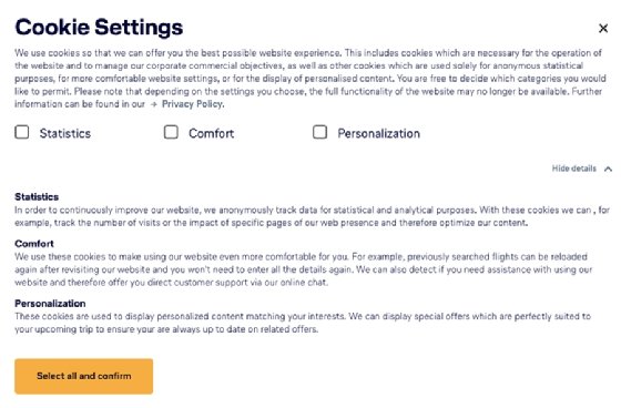 Lufthansa's cookie settings