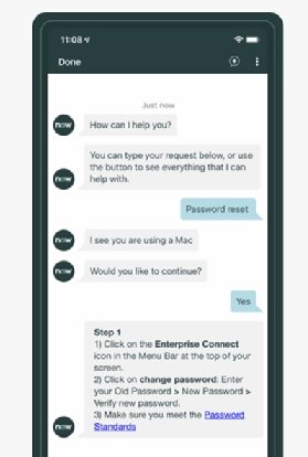 ServiceNow virtual agent screenshot on a smartphone