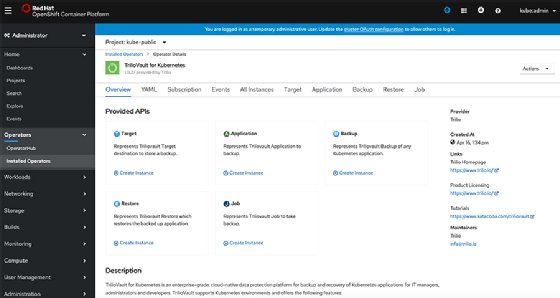 screenshot of TrilioVault for Kubernetesin OpenShift OperatorHub