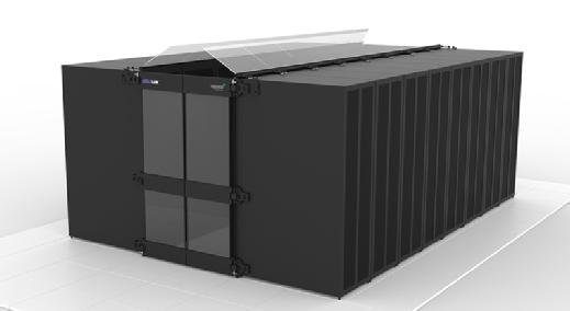 A modular data center containment unit, which is a rectangular unit with transparent panes that open.