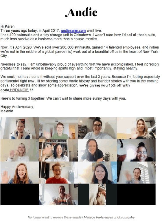 Andie email sent to customers