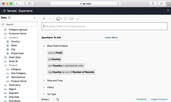 A gif displays Ask Data, Tableau's natural language processing tool. 