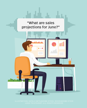 Drawing of a person sitting at a desk with two computer screens displaying charts and graphs, asking, 'What are sales projections for June?'