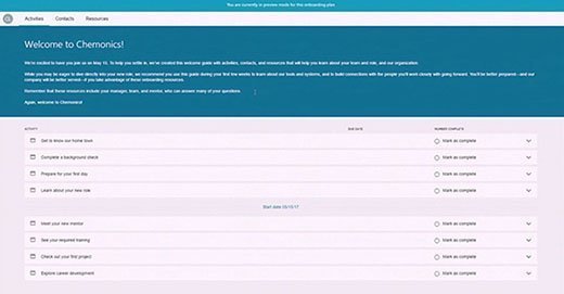 A screenshot showing the different steps of the onboarding process at Chemonics through Dynamics 365 for Talent. The new feature was generally released on Aug. 1.