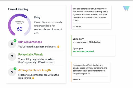 Zoho Writer grammar and readability checker