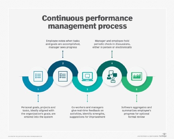 Diagram that illustrates the 5-step cycle that organizations use to track and improve employee performance.