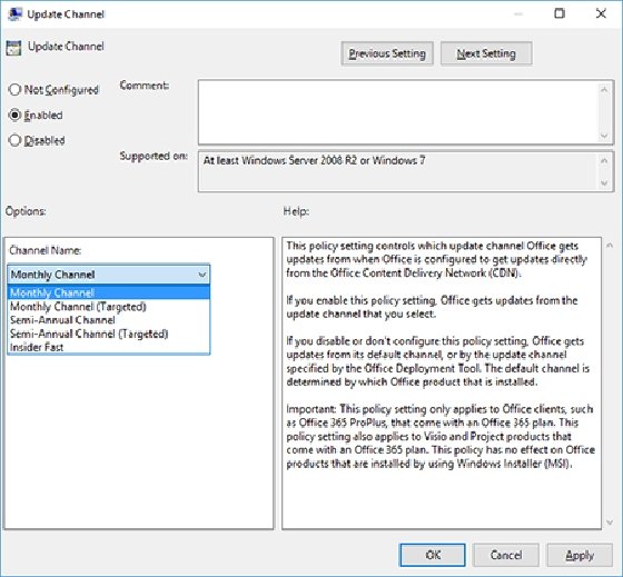 Update Channel policy setting