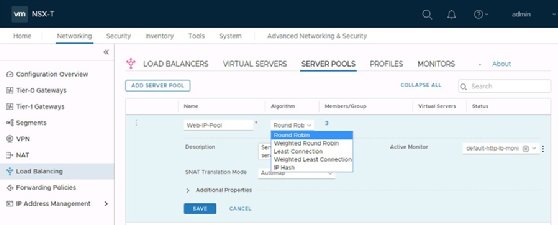Screenshot of load-balancing algorithm options