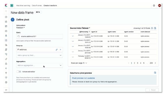 Screenshot of Data Frames feature in Elastic Stack 7.3