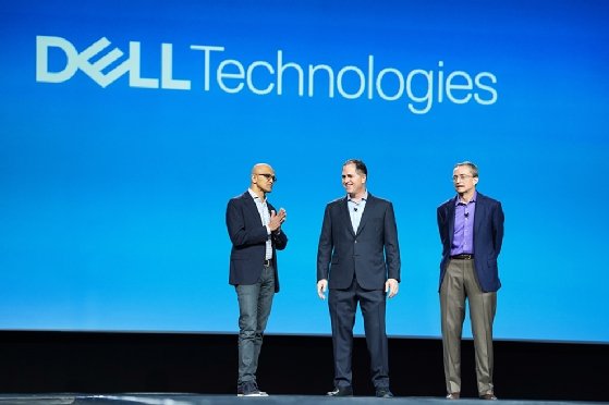 Microsoft CEO Satya Nadella, Dell CEO Michael Dell and VMware CEO Pat Gelsinger discuss new collaborative efforts onstage at Dell Technologies World 2019.
