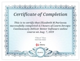 My certificate of completion from one of Udemy's 'Learn DevOps' courses.