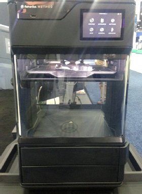 The MakerBot Method 3D printer is an enclosed desktop machine that prints polymer based parts – displayed at the Rapid + TCT 2019 conference.