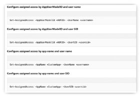 Screenshot showing PowerShell commands used to configure Windows kiosk mode.