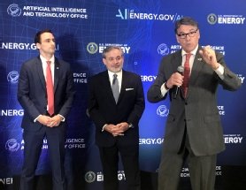 Energy secretary Rick Perry, with undersecretary Dan Brouillette and U.S. chief technology Officer Michael Kratsios meet the media at Chicago government AI conference (right to left)