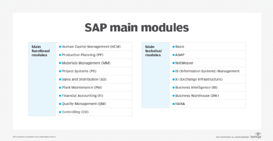 Infographic highlighting SAP ERP Central Component functional and technical modules.
