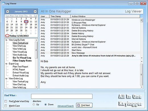 Screenshot of a log viewer showing how data keyloggers can capture various information from targets.