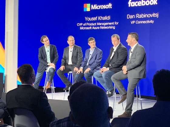 Panel discuission led by Jonathan Davidson, general manager for Cisco's service provider business. Left to right, Davidson; Yousef Khalidi, corporate VP for Microsoft Azure networking; Dan Rabinovitsj, VP of internet connectivity at Facebook; Chris Rice, senior VP of AT&T Labs; Noam Raffaeli, senior VP of Comcast IP and communication services.