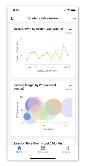 A sample ThoughtSpot Mobile dashboard shows a company's quarterly sales performance.