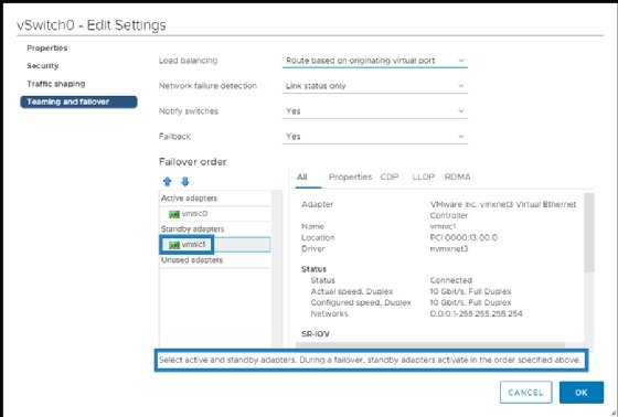 vSphere Standard Switch and Standby Adapters